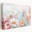 Abstract floral design on stretched canvas, showcasing vibrant colors like teal and gold, elegantly displayed from a side view, perfect for home decor enhancement.