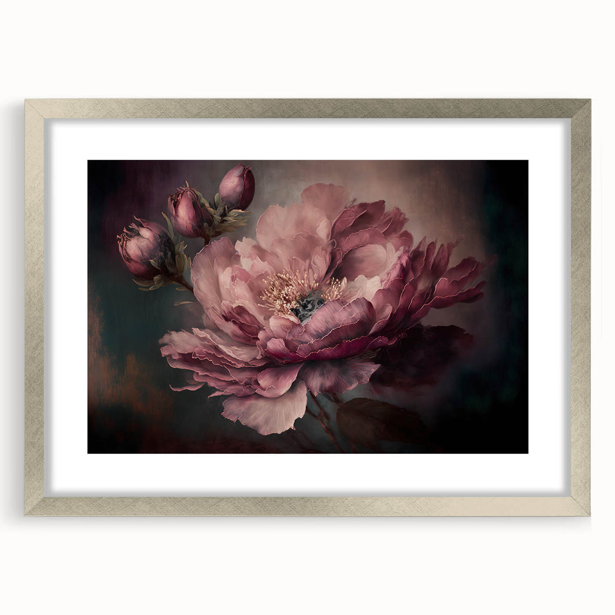 Abstract floral frame artwork featuring vibrant colors and intricate designs, presented in a sleek silver mat, perfect for enhancing home decor.