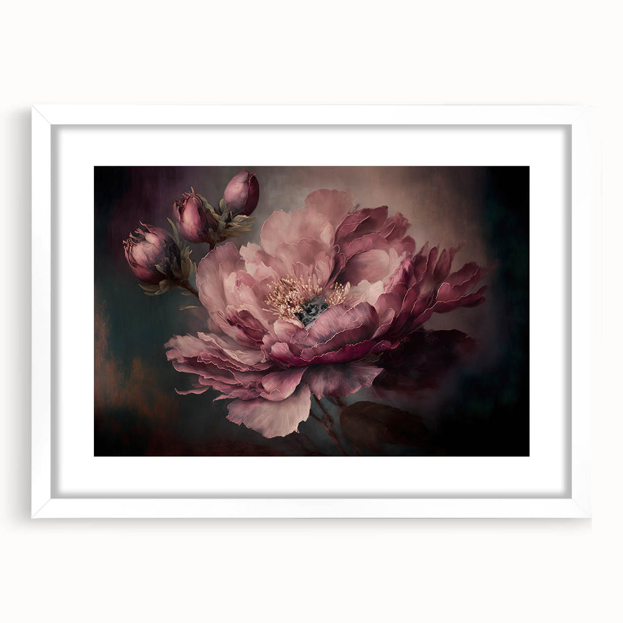 Abstract floral artwork framed in white matting, showcasing vibrant colors and intricate designs, perfect for modern home decor or art enthusiasts.