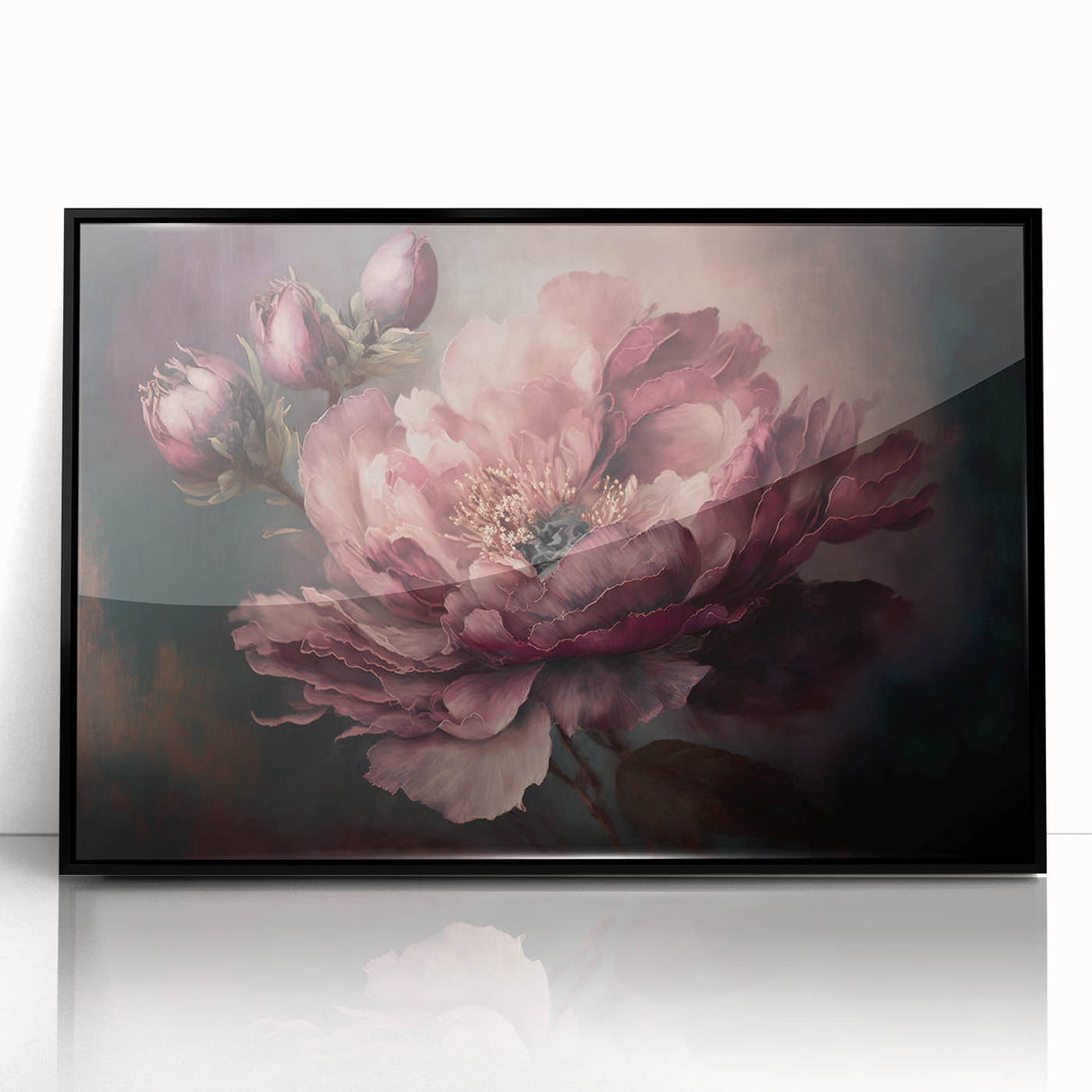 Framed acrylic artwork showcasing an abstract floral design in vibrant colors, set against a sleek black background, perfect for modern home decor.