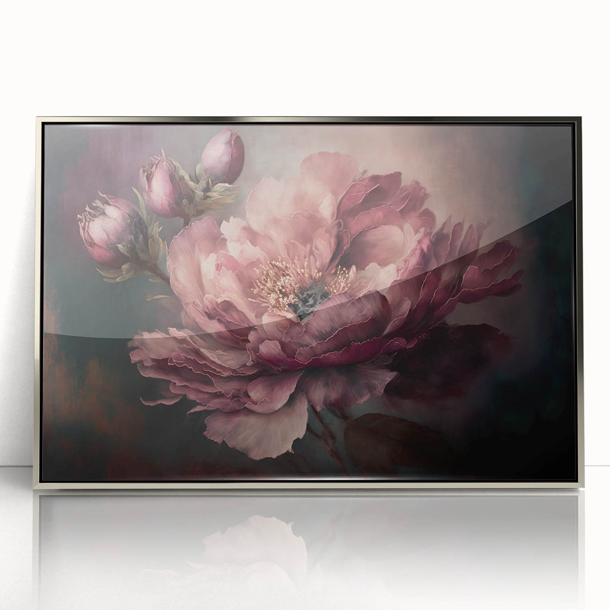 Framed acrylic artwork showcasing vibrant abstract floral designs in silver tones, perfect for modern home decor. Ideal for enhancing living spaces with elegance.