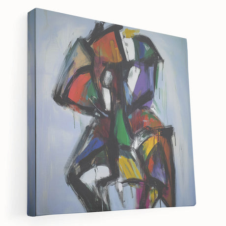 Abstract splatter design stretched canvas showcasing vibrant colors and dynamic shapes, perfect for modern decor, displayed from a side view to highlight texture and depth.
