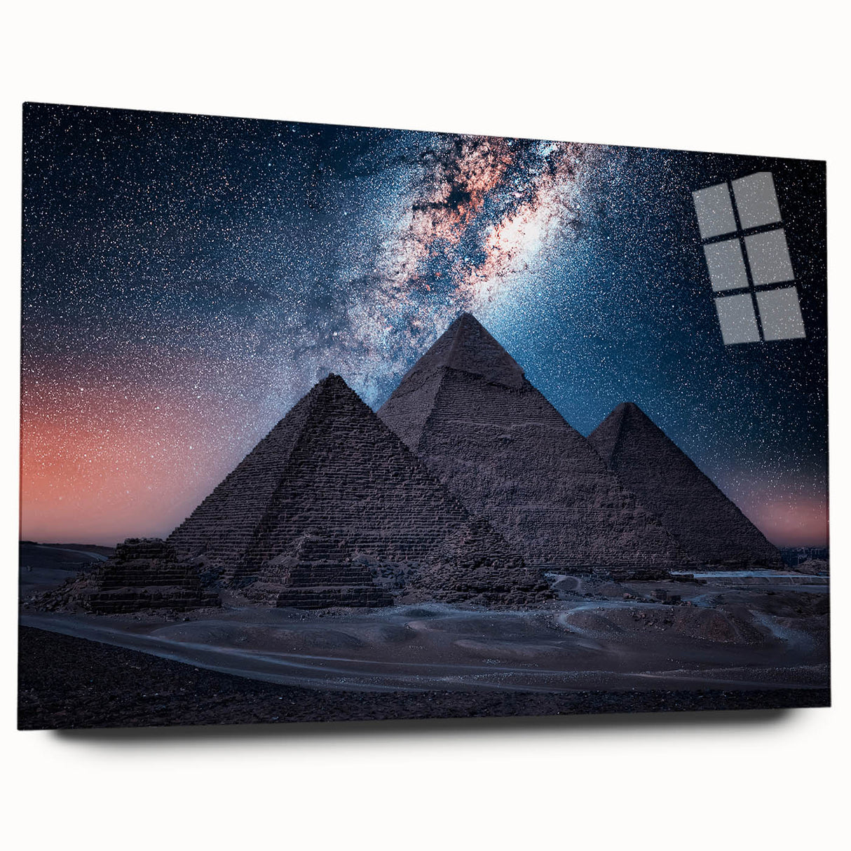 Large abstract depiction of an Egyptian landscape on acrylic glass, with muted earth tones.