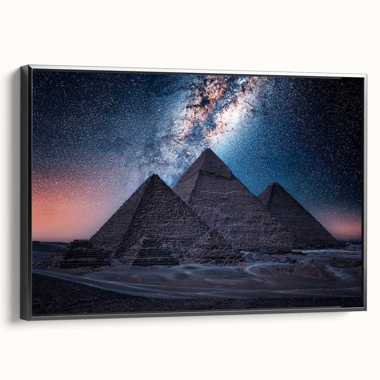 A black and white framed canvas depicting a vintage Egyptian landscape, ideal for bedroom decor.