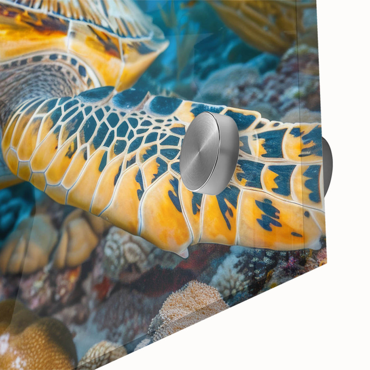 Large abstract wall art of Seychelles scenery in acrylic glass, featuring vibrant ocean blues and lush greens.