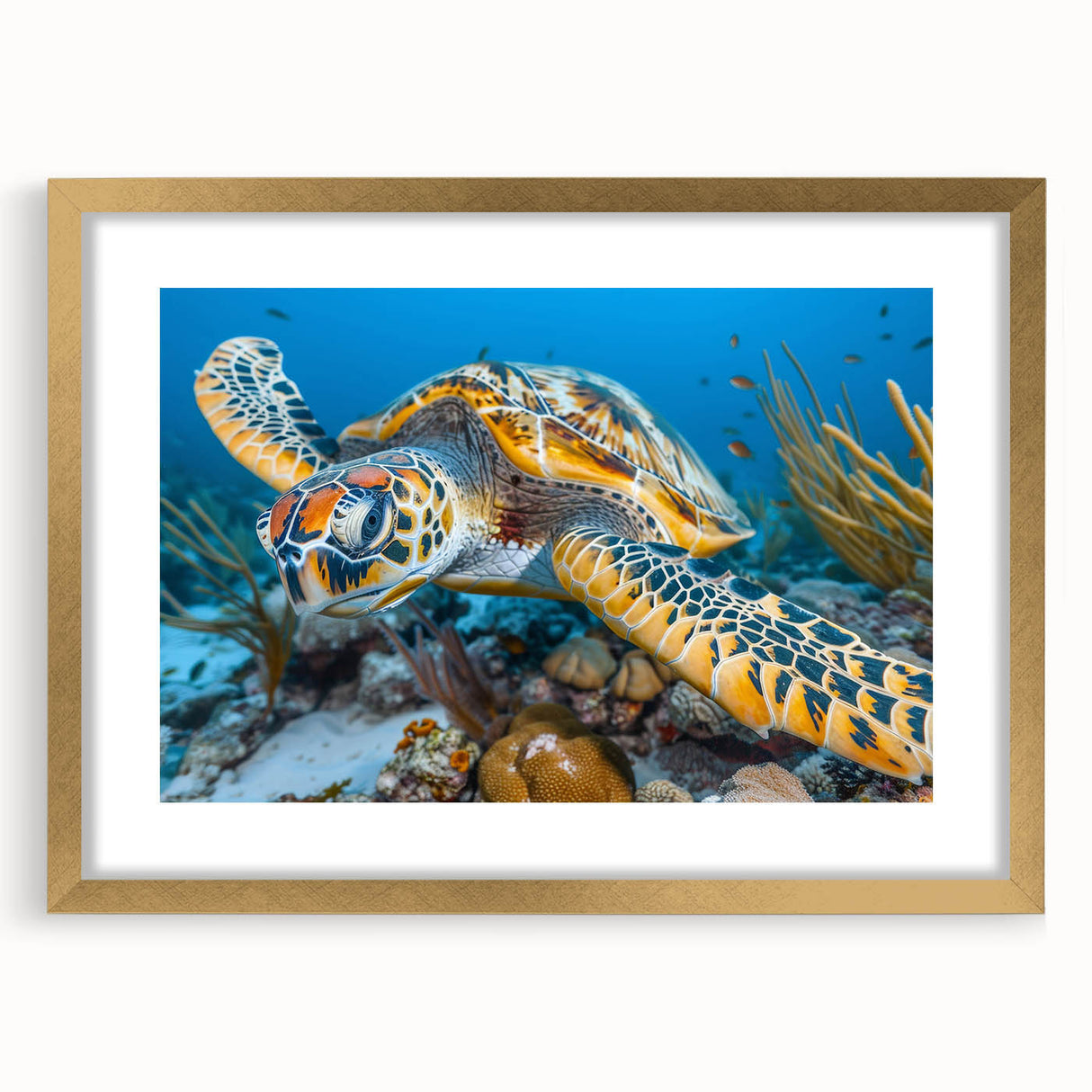 Extra large abstract art print of Seychelles scenery in textured style, using muted earth tones, framed in gold.