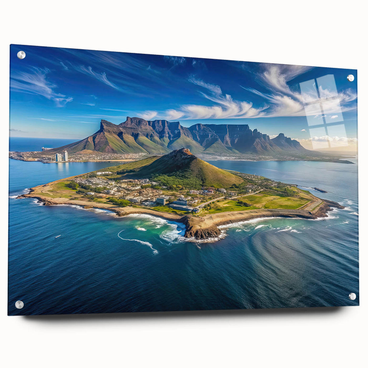 Large abstract acrylic print depicting a South African landscape, set in vibrant earth tones, ideal for dining room decor.