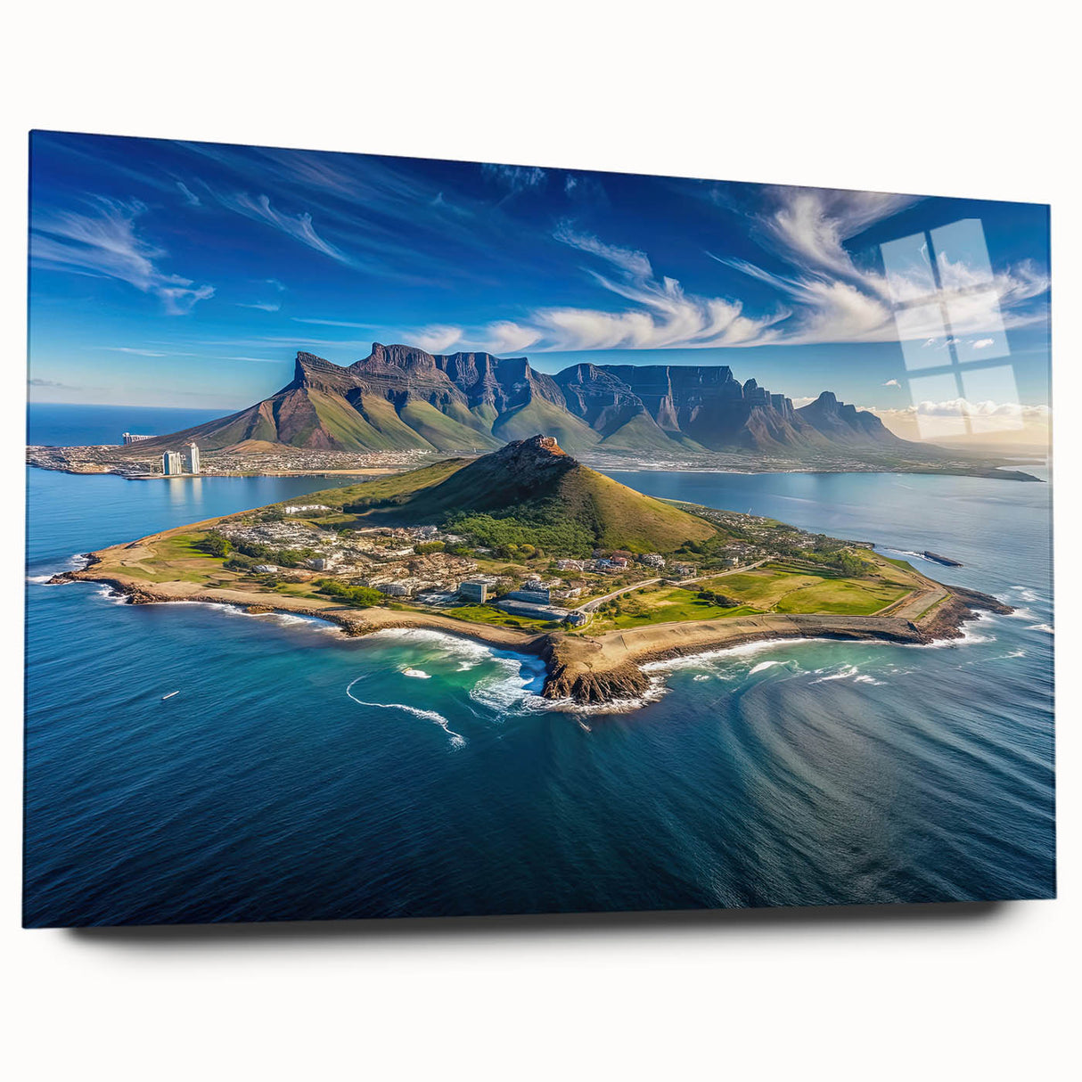 Large abstract depiction of a South African landscape in muted earth tones on acrylic glass.