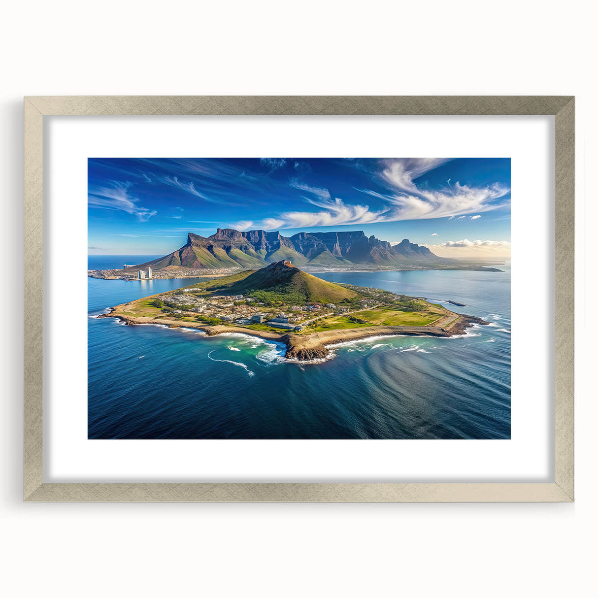 Textured abstract art print depicting a South African scenery in muted earth tones, framed in silver, ideal for bedroom art.