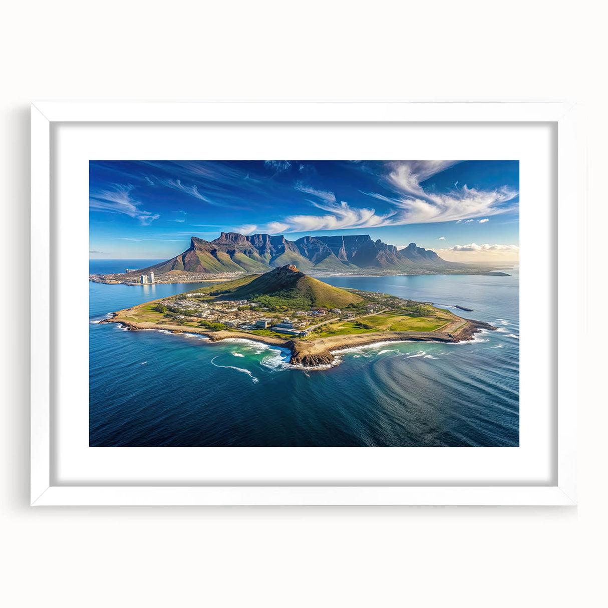 Abstract art print of a South African scenery in muted earth tones on a white framed canvas, suitable for dining room decor.