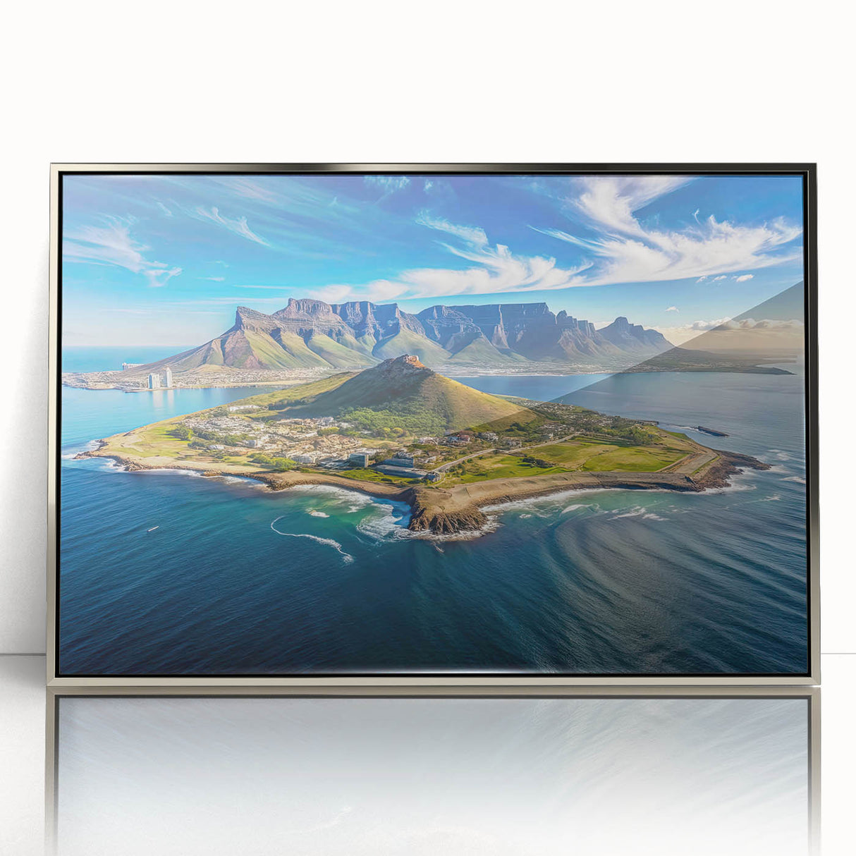 Large art print of an African savannah scene in muted earth tones on silver-framed acrylic.