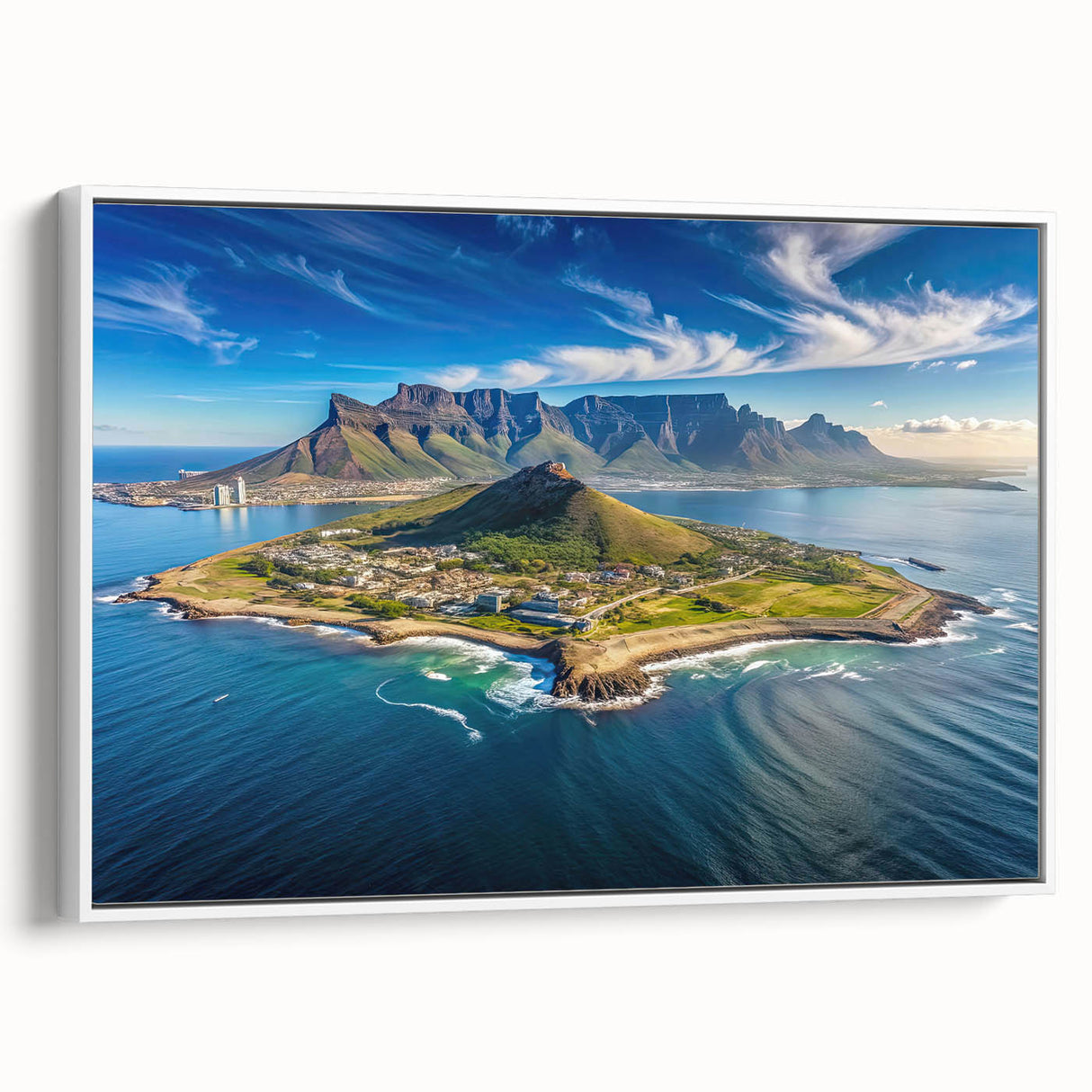 Vintage poster art of a colorful African scenery on a large framed canvas, suitable for living room decor.