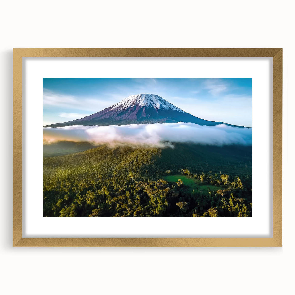 Abstract art print of Tanzanian scenery in muted earth tones on a framed gold canvas, suitable for dining room decor.