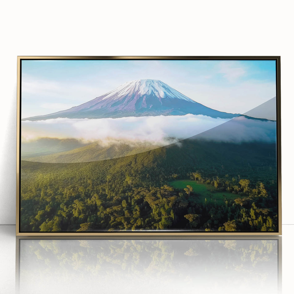 Framed acrylic painting of an abstract African landscape in gold and earth tones, suitable for modern art wall decor.