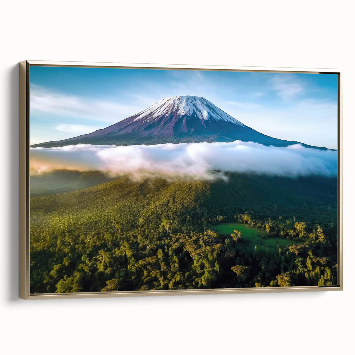 Framed canvas wall art featuring a vintage-style Tanzanian landscape in muted gold and black tones, ideal for bedroom decor.