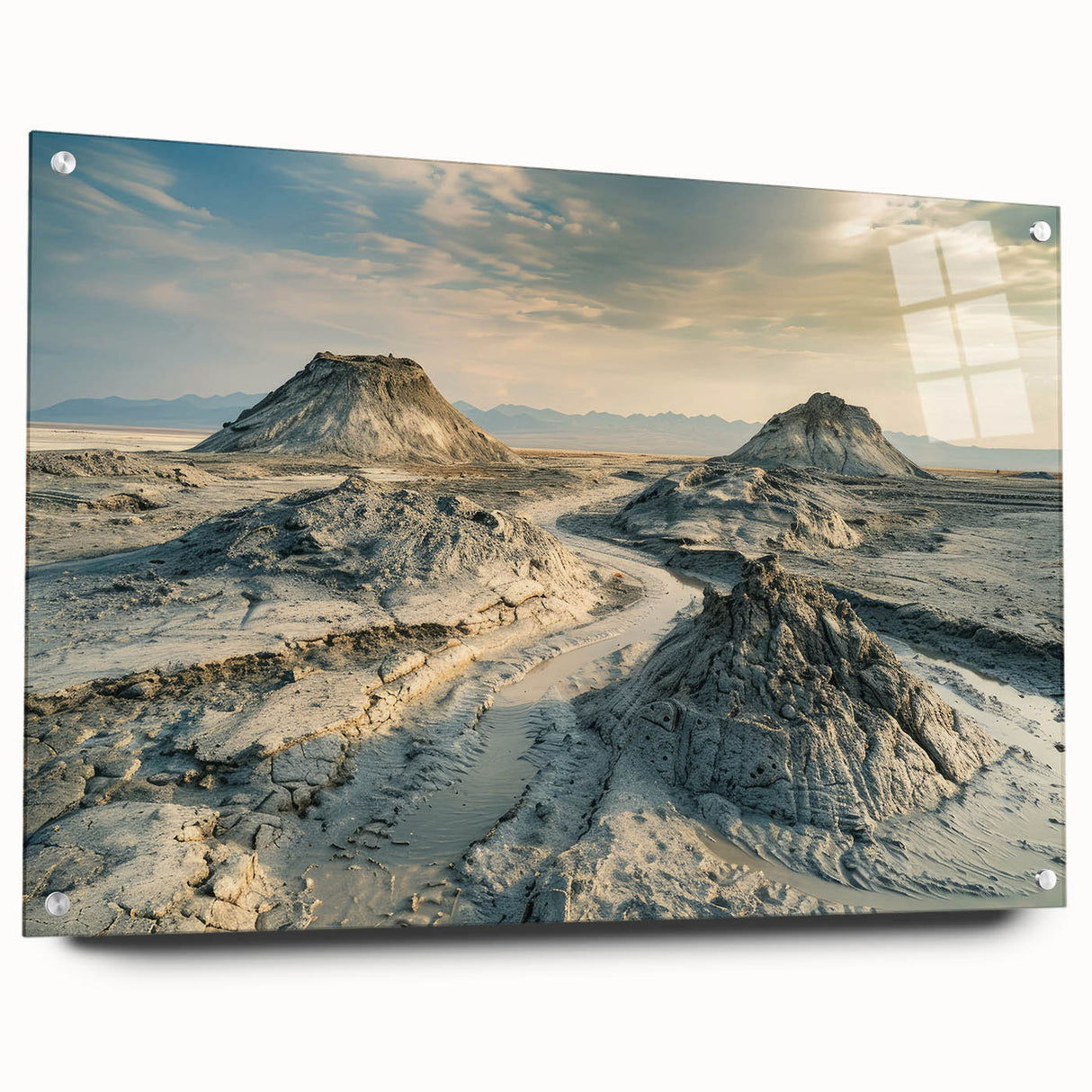 Large abstract wall art depicting an Asian scenery in muted earth tones on acrylic glass.