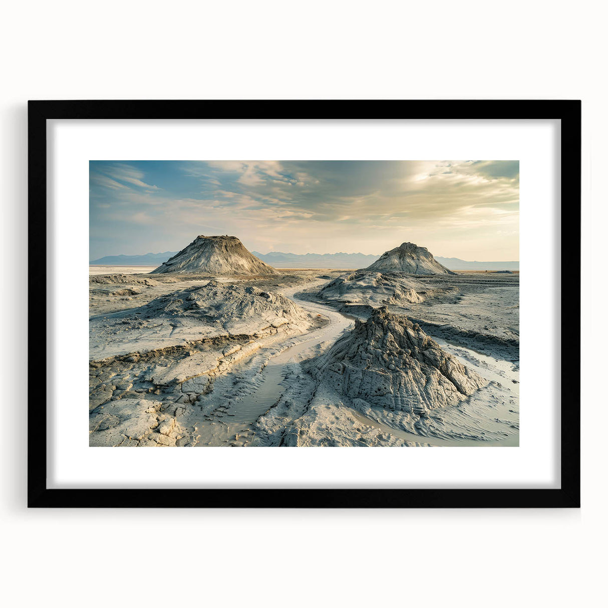 Extra large abstract art print of a colorful, textured scenery, in a black frame with mat, ideal for living room decor.