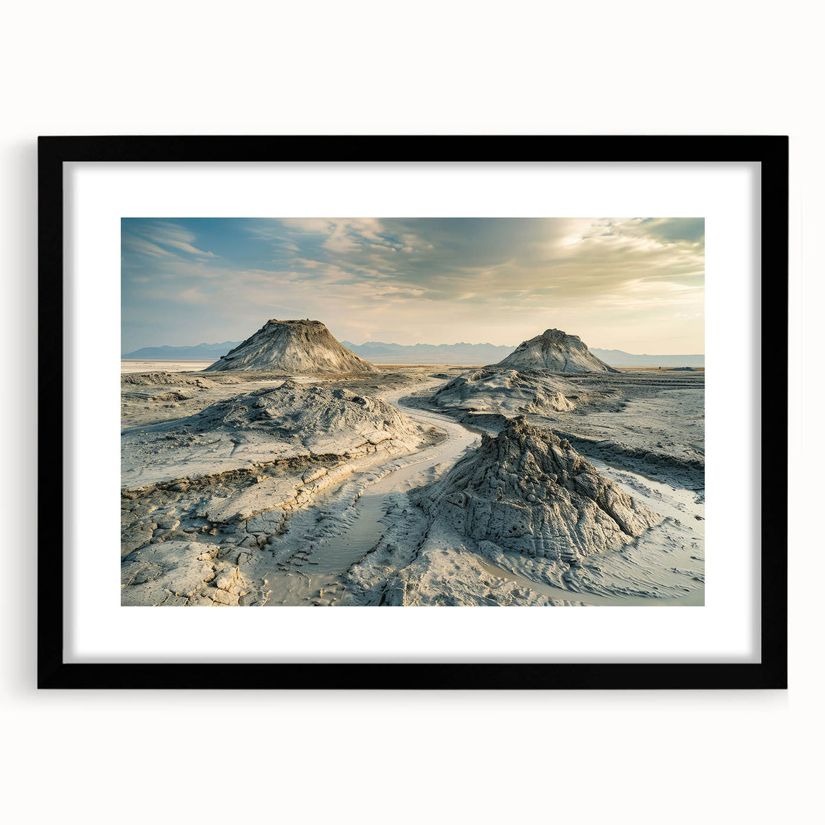 Extra large abstract art print of a colorful, textured scenery, in a black frame with mat, ideal for living room decor.