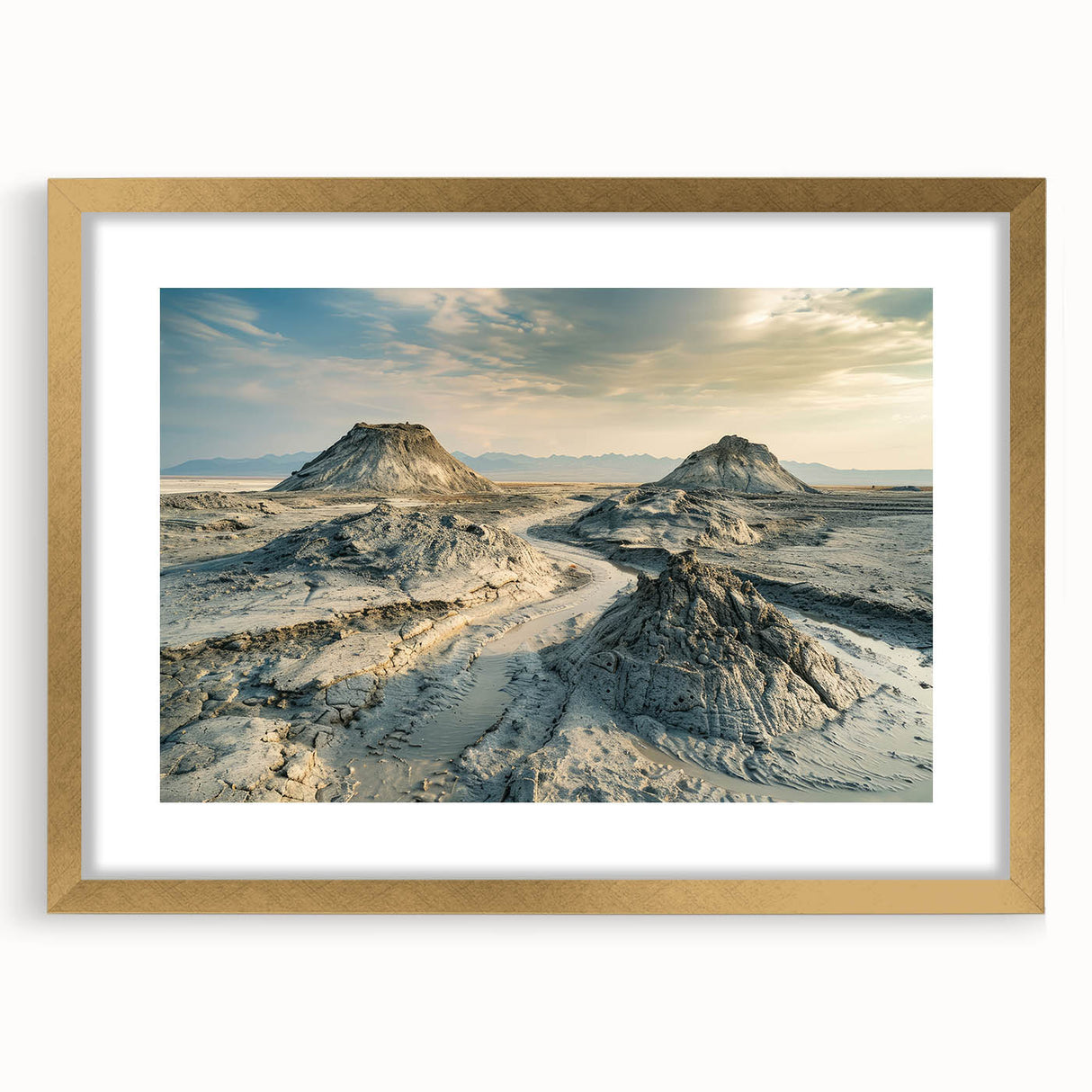 Extra large abstract art print depicting a textured scenery in gold and earth tones on a framed canvas.