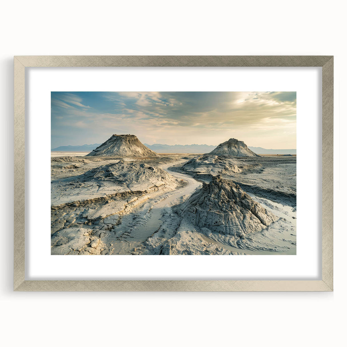 Textured abstract art print depicting a serene Asian landscape in muted earth tones, framed in silver, ideal for bedroom art.