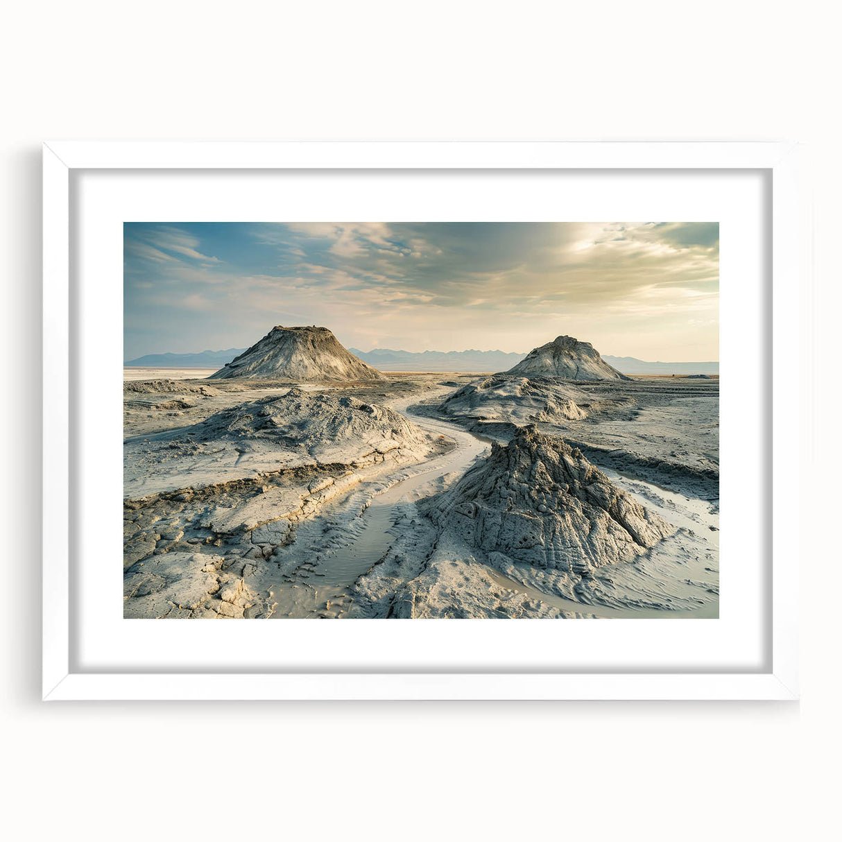 Abstract art print depicting a serene Azerbaijani landscape in muted earth tones, framed with a white mat.