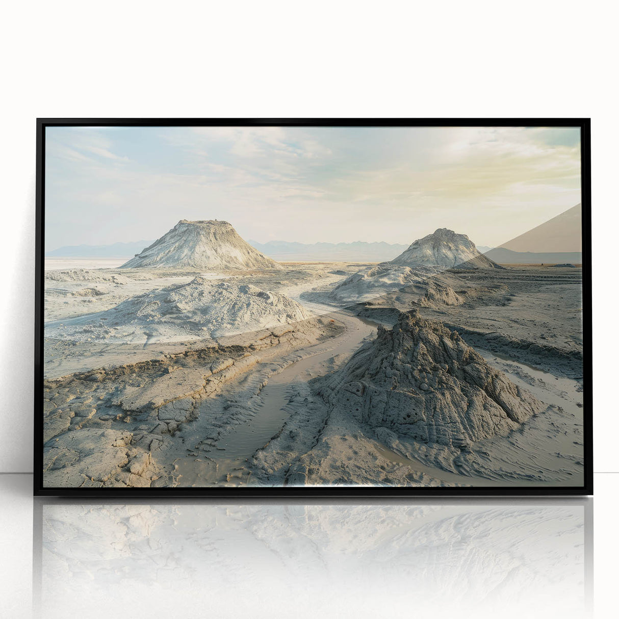 Large abstract wall art featuring geometric shapes in muted earth tones on a framed acrylic.