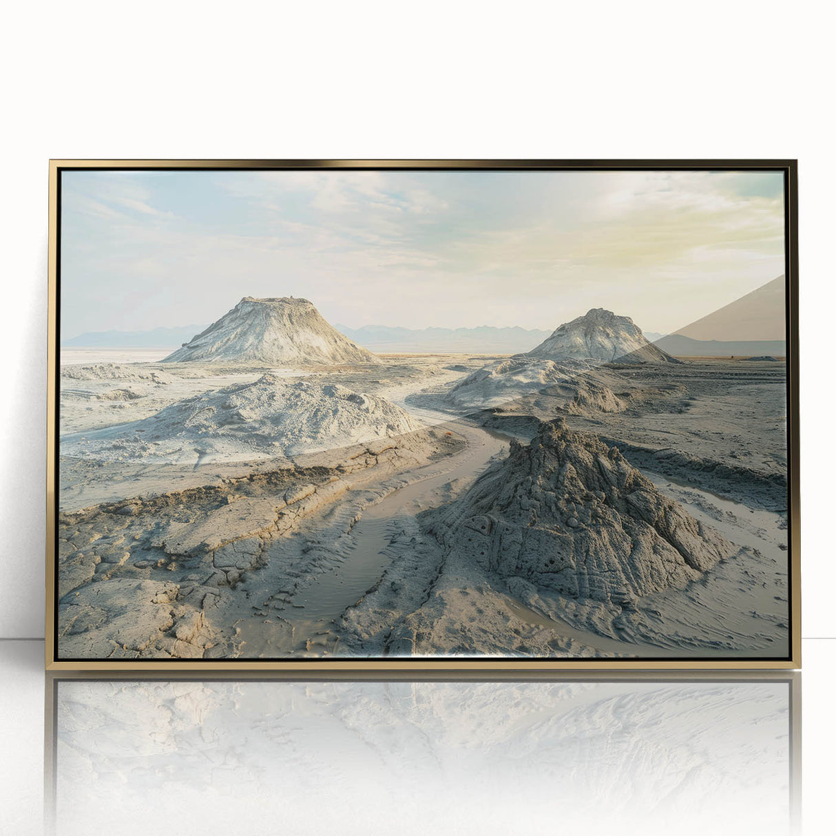 Framed acrylic print of a mid-century modernist Asian landscape in gold and green tones, suitable for modern art wall decor.