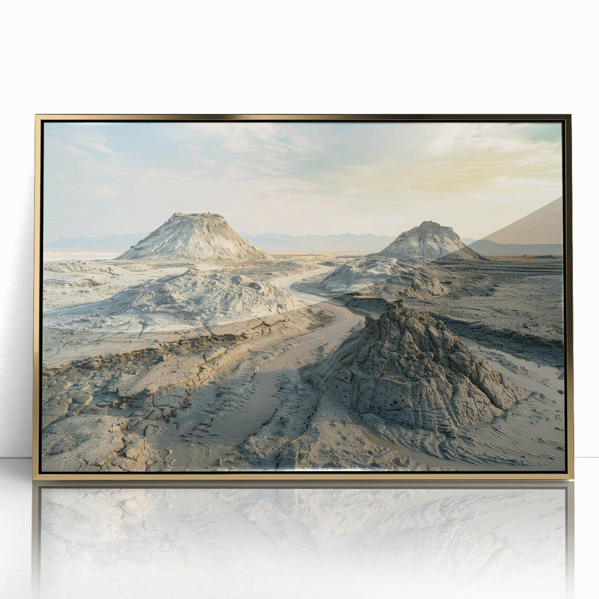 Framed acrylic print of a mid-century modernist Asian landscape in gold and green tones, suitable for modern art wall decor.