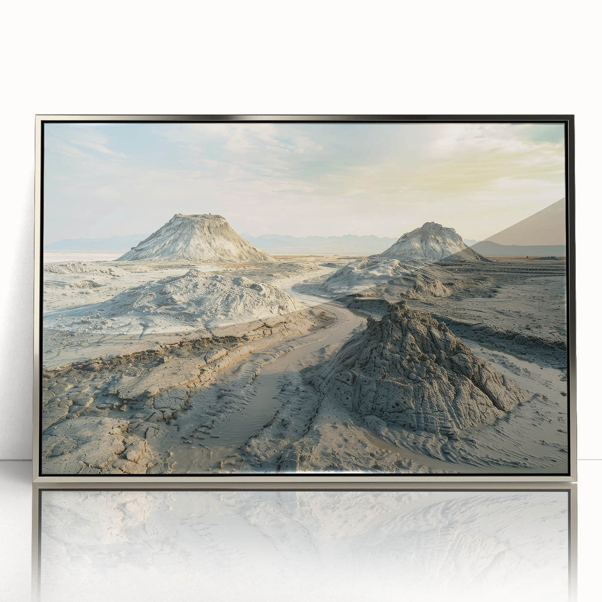 Mid-century modernist art depicting an Asian landscape in muted earth tones on a silver-framed acrylic print.