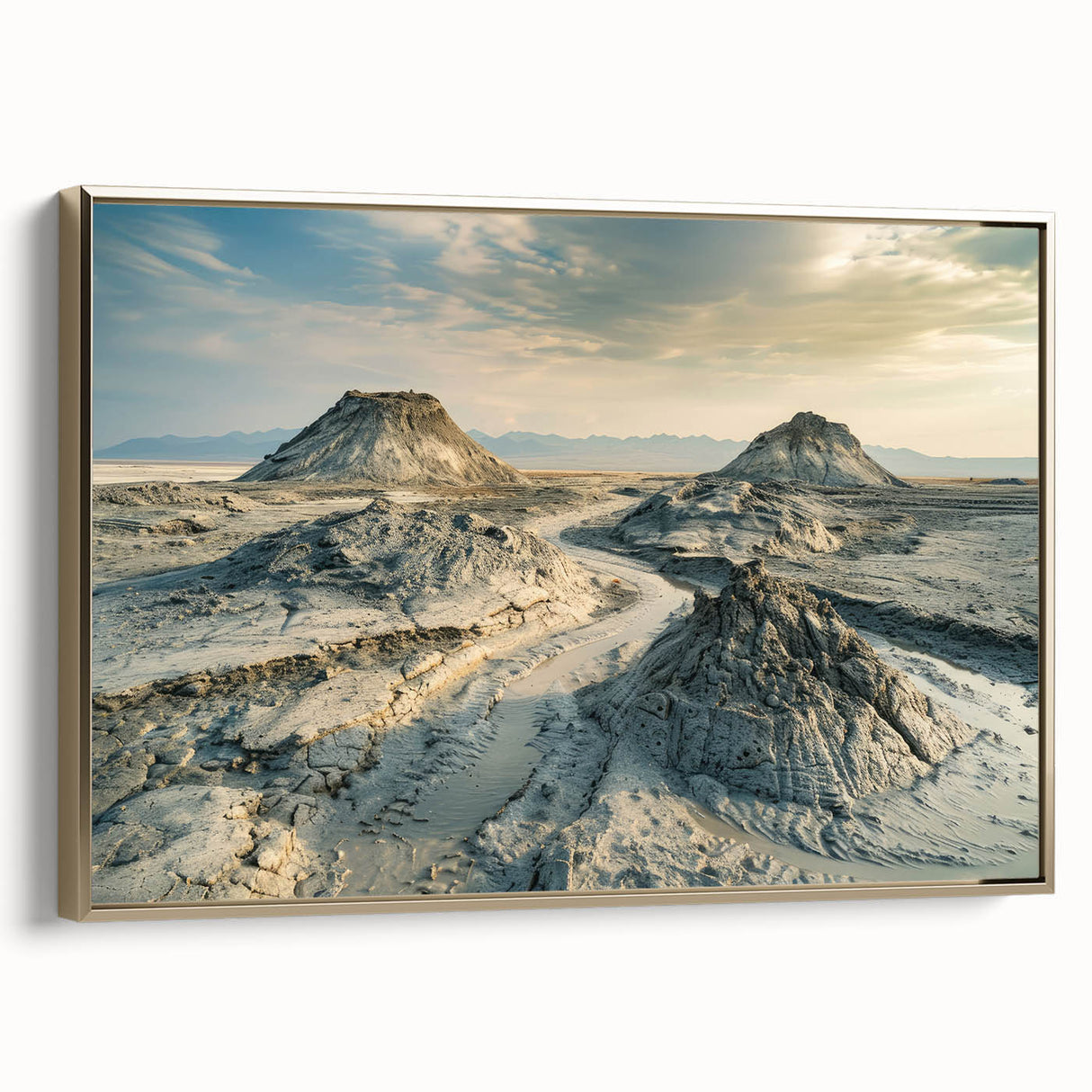 Framed canvas featuring a vintage-style landscape painting of Azerbaijan scenery, in muted gold and black tones.