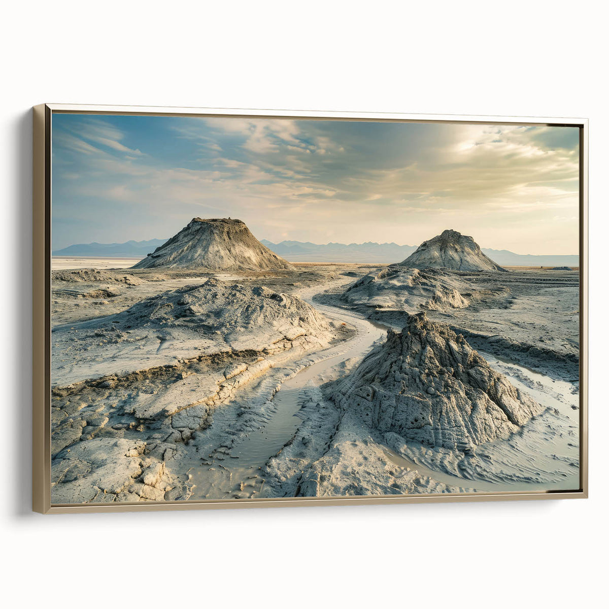 Framed canvas featuring a vintage-style landscape painting of Azerbaijan scenery, in muted gold and black tones.