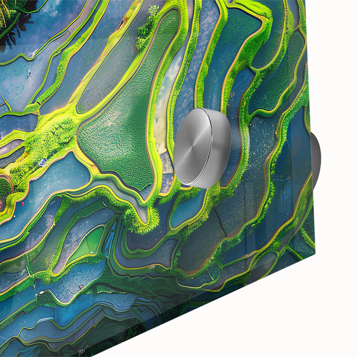 Large abstract wall art featuring mid-century modernist style with vibrant hues of blue and orange on acrylic glass.