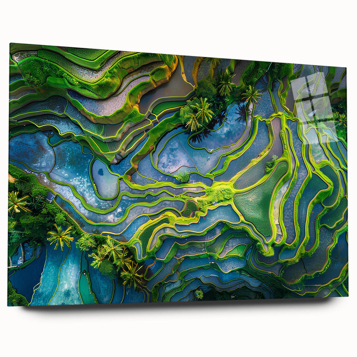 Large abstract wall art depicting a serene Indonesian landscape on acrylic glass, suitable for bedroom or dining room decor.
