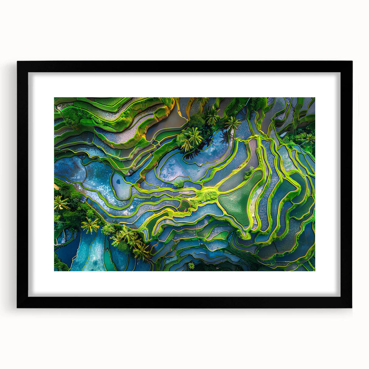 Extra large abstract art print of a colorful, textured Indonesian landscape on black framed canvas.