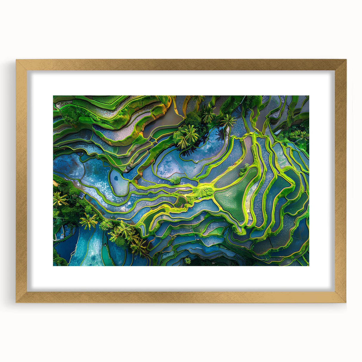 Extra large abstract art print of a textured Indonesian landscape in muted earth tones, framed in gold.