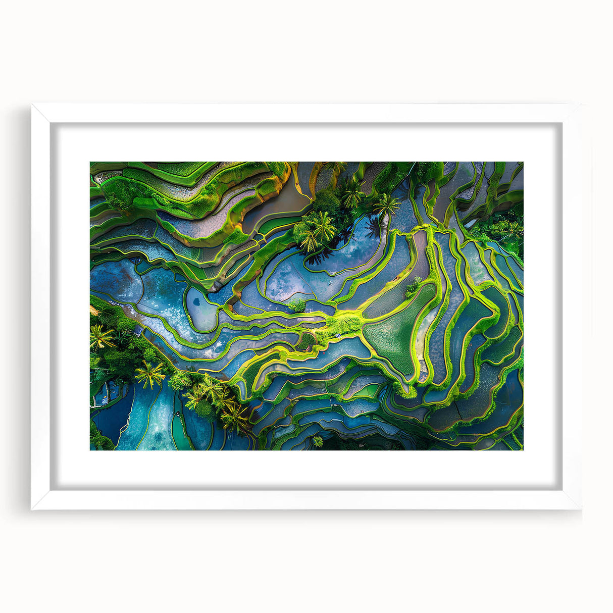 Abstract art print of Indonesian scenery in muted earth tones, framed with a white mat, suitable for dining room decor.