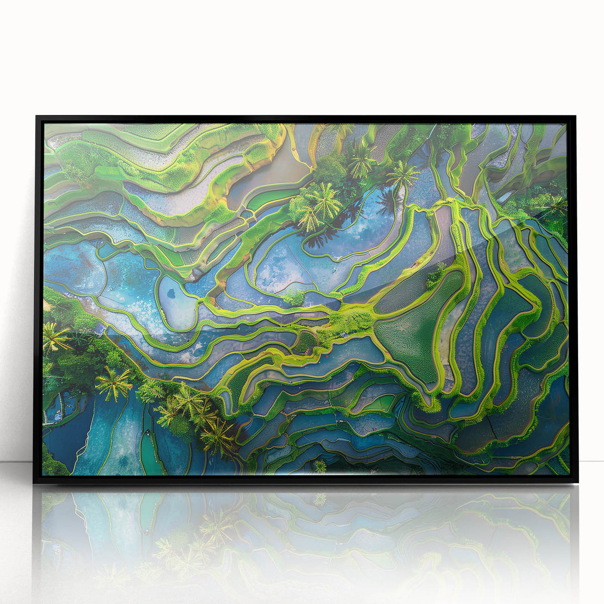 Large abstract wall art depicting an Asian landscape in muted earth tones on a framed acrylic.
