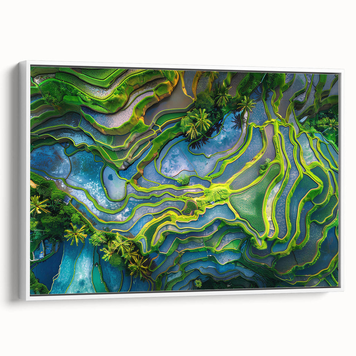 Vintage poster art of an Indonesian scenery on a framed canvas, featuring vibrant colors, ideal for living room decor.