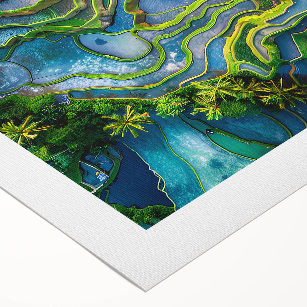 Art deco poster featuring a serene Indonesian landscape in muted earth tones on rolled canvas, ideal for dining room decor.