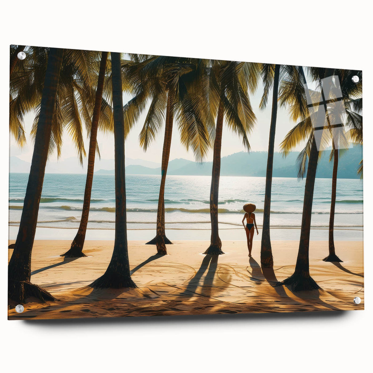 Large abstract wall art of a Malaysian landscape in vibrant green and blue tones on acrylic glass.