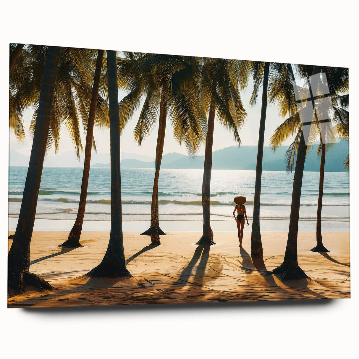 Large abstract wall art featuring a serene Malaysian landscape in muted green and blue tones on acrylic glass.