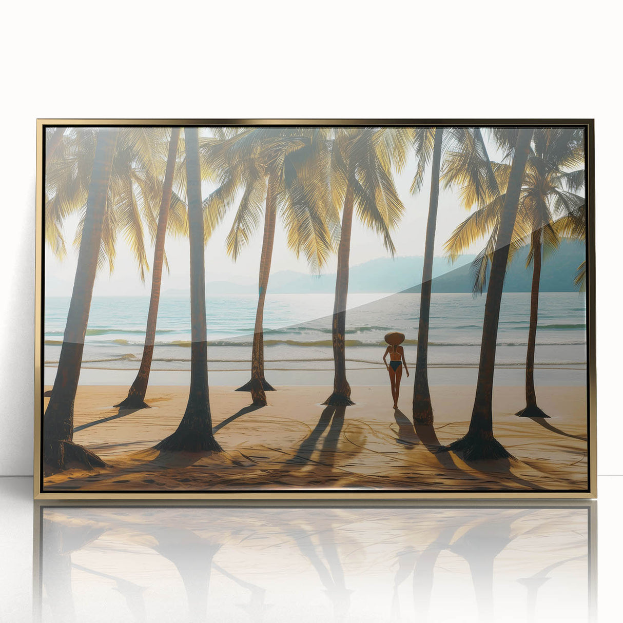 Mid-century modernist style large art print of a Malaysian landscape in muted gold tones, framed in acrylic.