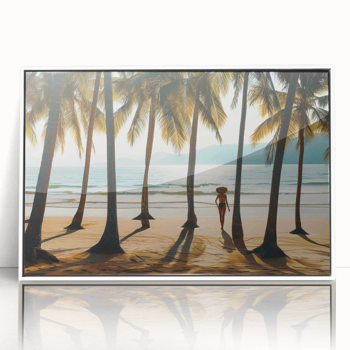 Art deco poster featuring a Malaysian landscape in muted earth tones on a white framed acrylic.