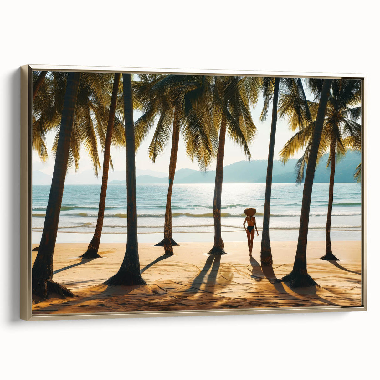 Framed canvas wall art featuring a vintage-style Malaysian landscape in muted gold and black tones, ideal for bedroom decor.