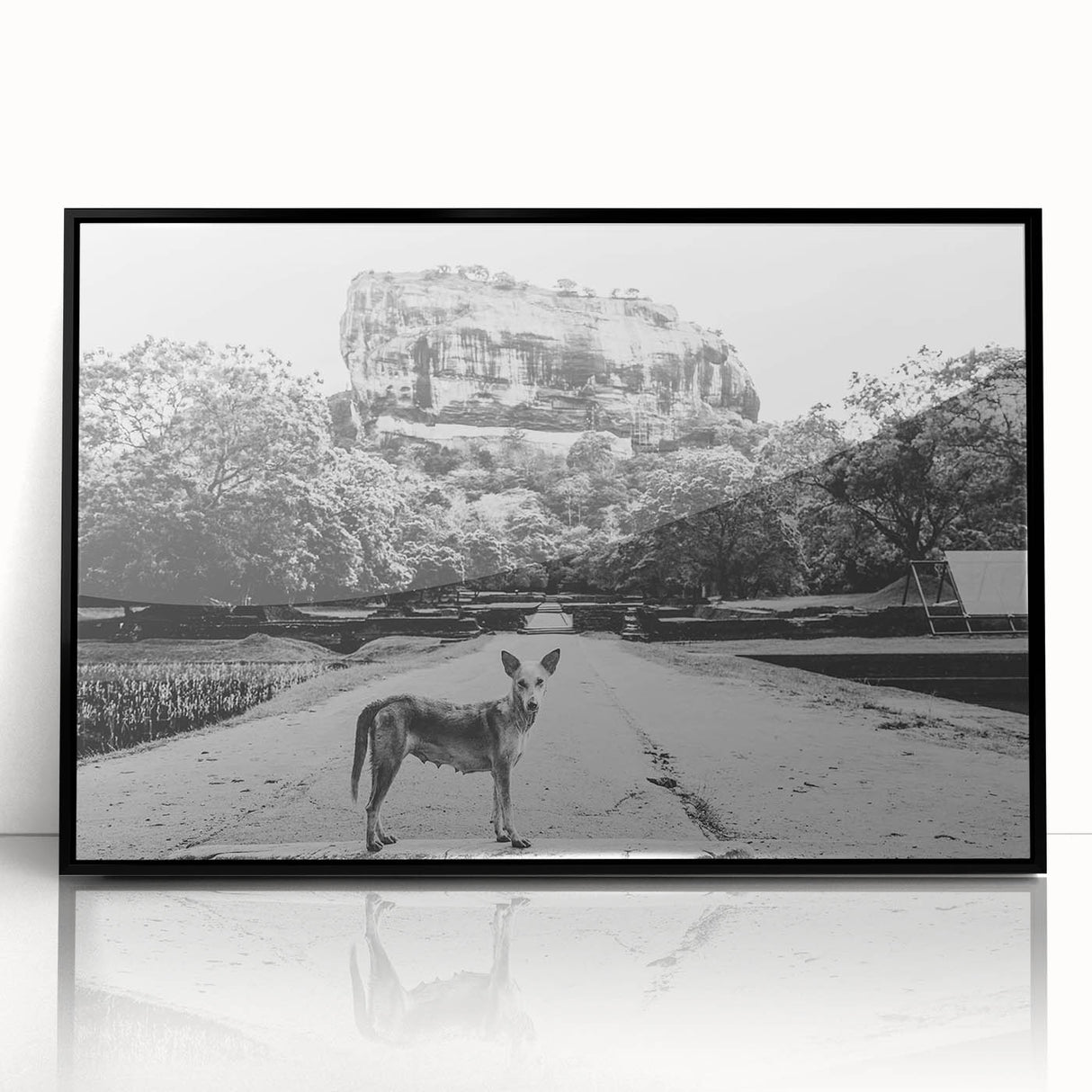 Large abstract wall art depicting a Sri Lankan landscape in muted earth tones, framed in black acrylic.