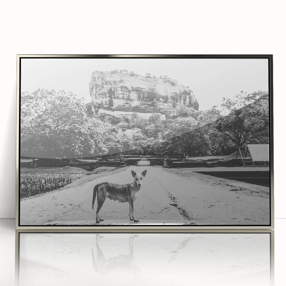 Mid-century modernist art depicting the Sri Lankan landscape in muted earth tones, framed in silver acrylic.