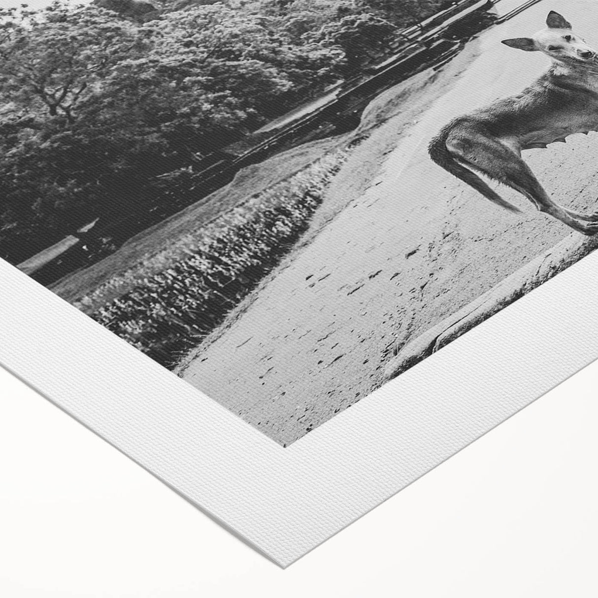 Art deco poster of a Sri Lankan landscape in muted green and blue tones, printed on rolled canvas.