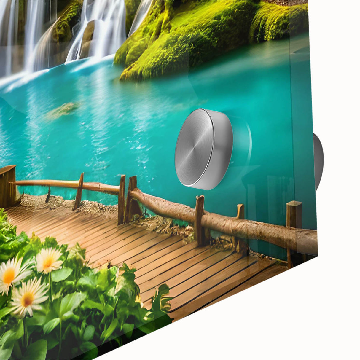 Large abstract wall art depicting a mid-century modernist scene in muted earth tones on acrylic glass.