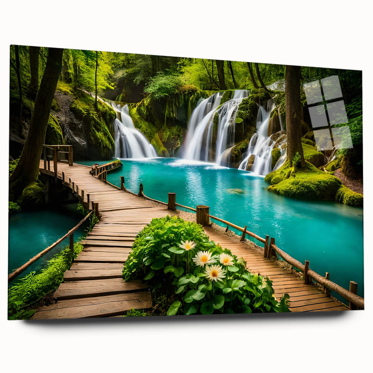 Large abstract wall art depicting a serene Thai landscape in muted green and blue tones, printed on acrylic glass.