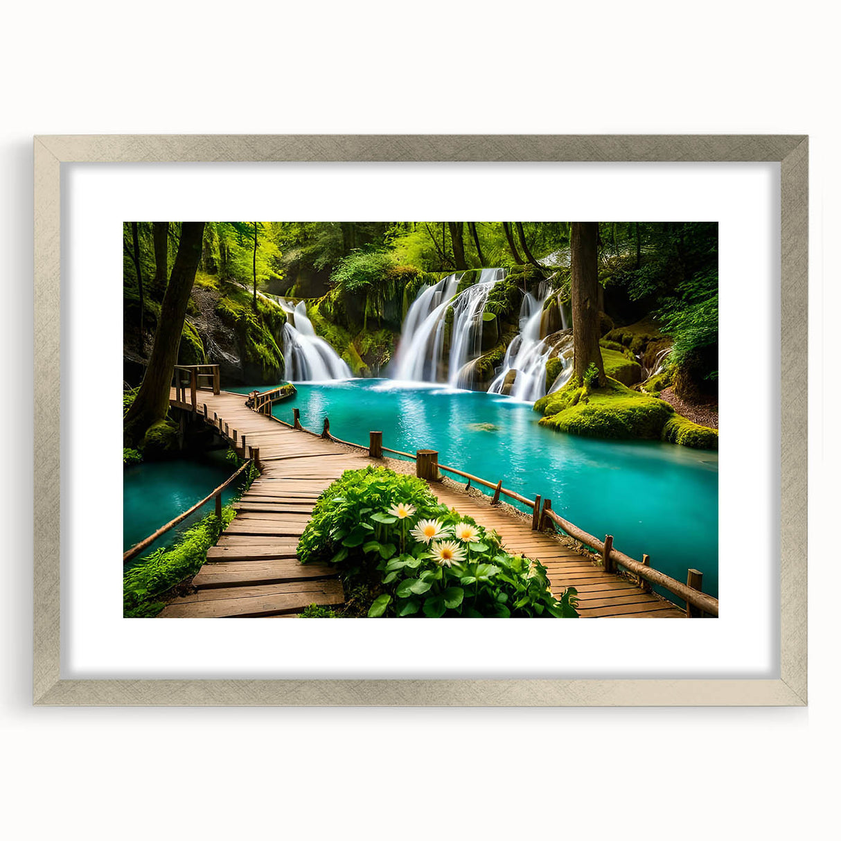 Textured abstract art print of a serene Thai landscape in muted earth tones, framed with a silver mat.